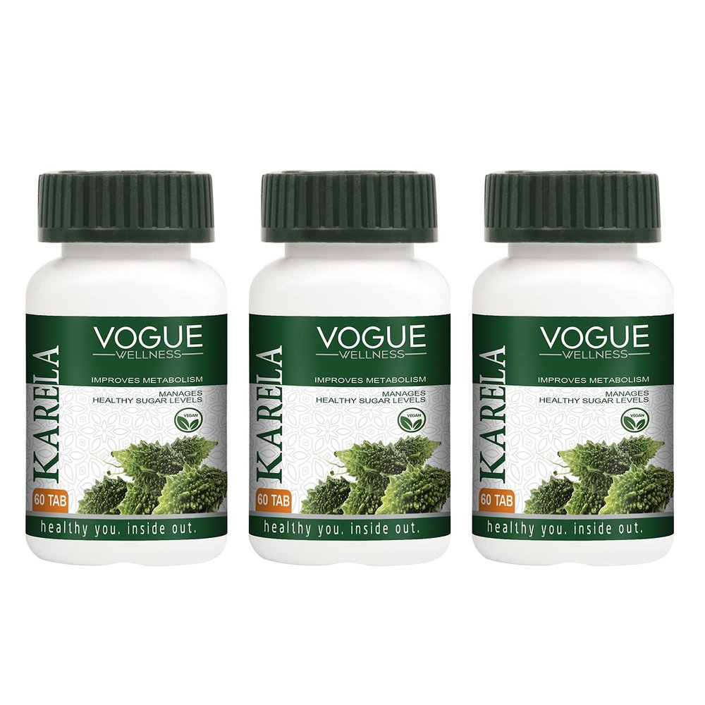 Vogue Wellness Karela Tablets Regulates Purifies Blood Gives Healthy Clear Skin Manage Healthy Sugar Levels - Pure Herbal 60 Tablets - pack of 3