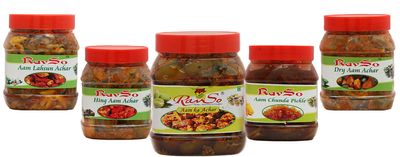 Advait Ravsso Home Made Natural Fresh Aam Ka 300Gm Hing Aam Ka Achar 300Gm Dry Mango Pickle 300Gm Aam Chanda Pickle 300Gm Aam Lehsoon Achar 300Gm Combo Pack Of 5(1500)