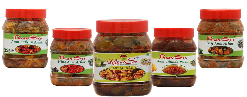 Advait Ravsso Home Made Natural Fresh Aam Ka 300Gm Hing Aam Ka Achar 300Gm Dry Mango Pickle 300Gm Aam Chanda Pickle 300Gm Aam Lehsoon Achar 300Gm Combo Pack Of 5(1500)