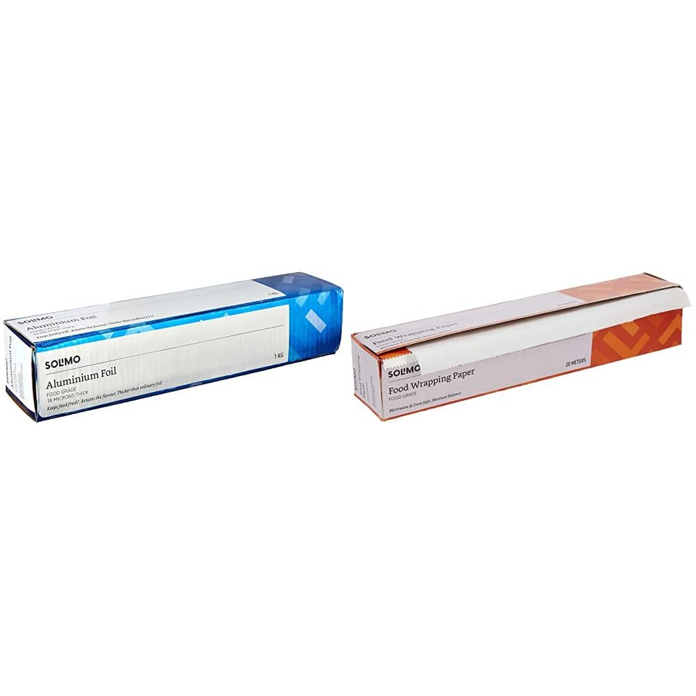 Amazon Brand - Solimo Thick Aluminium Foil - 18 Microns (1 kg, 69 m) and Food Wrapping Paper (20 m)