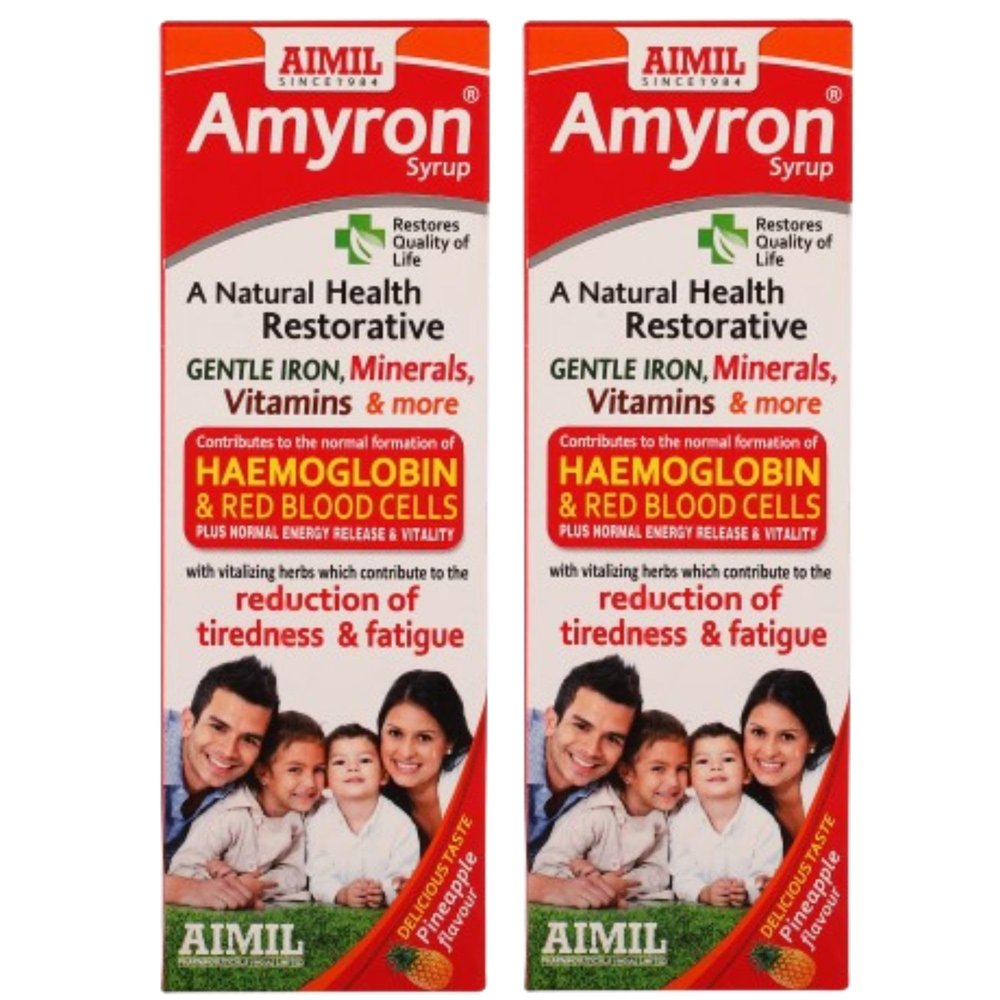 AIMIL Amyron Syrup - 200ml (Pack of 2) | Enriched with Vitamins & Mineral Rich Herbs for Men & Women of All Ages | Reduces Tiredness & Fatigue | Improves Haemoglobin Level