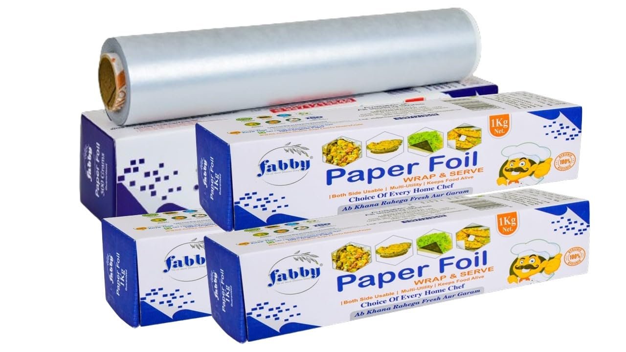 Fabby Paper FOIL | Ready to use Perfect Roll | Breathable & Plastic Free | Wrap Roti, Parantha, Sandwich, Rolls, Burgers Perfect for Packing Food Paper 1 KG (Pack of 4)