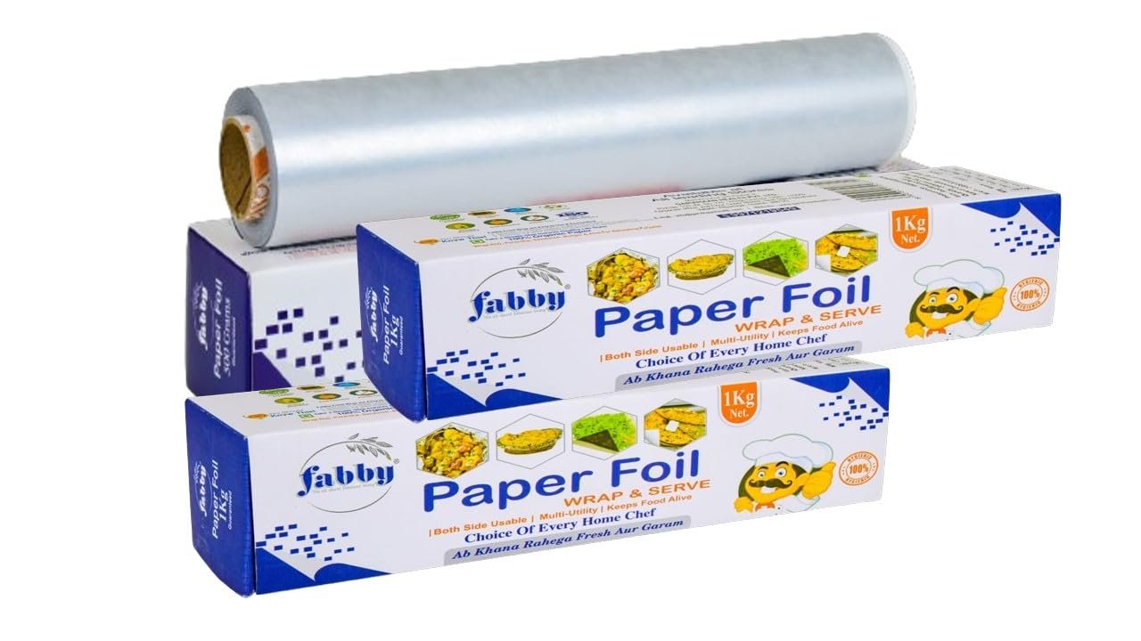 Fabby Paper FOIL | Ready to use Perfect Roll | Breathable & Plastic Free | Wrap Roti, Parantha, Sandwich, Rolls, Burgers Perfect for Packing Food Paper 1 KG (Pack of 3)