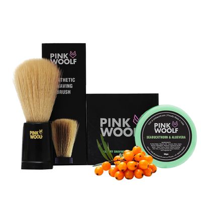 Pink Woolf Velvet Soft Bristle Shaving Brush & Shaving Soap Combo | Seabuckthorn & Aloe Vera 50g (REFILL) | Softens Beard & Enhances Wet Shaving | All Skin Types (Pack of 2)