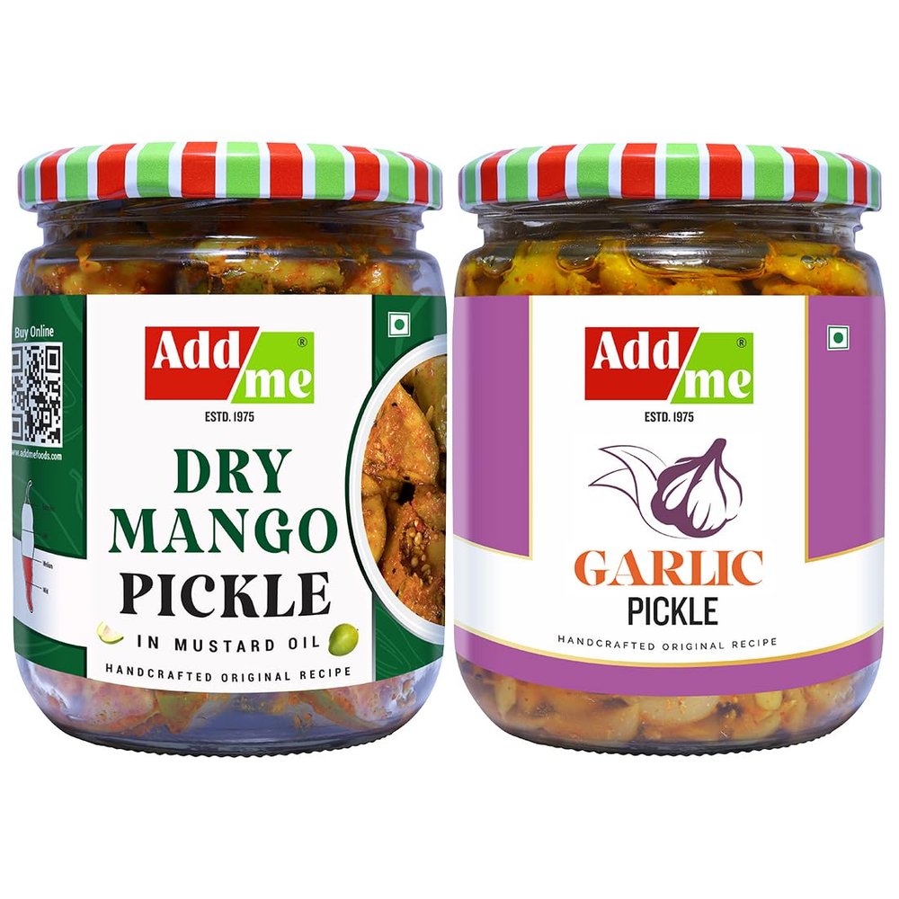 Add me Dry Mango, Garlic Pickle 1Kg, Mixed Combo Pack of Two fine Pickles Glass Pack 500gm Each