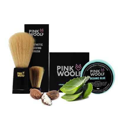 Pink Woolf Velvet Soft Bristle Shaving Brush & Shaving Soap Combo | Oceanic Blue 50g (REFILL) | Creates Thick Lather for a Comfortable Shave | Suitable for All Skin Types (Pack of 2)