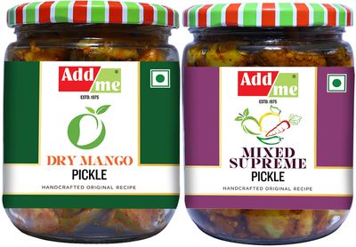 Add me Dry Mango Pickle 500g sukha aam ka achar, Mixed Supreme Pickle 500g Mix achar of aam nimbu mirchi ker karonda lasoda adrak Combo Offer Glass Pack