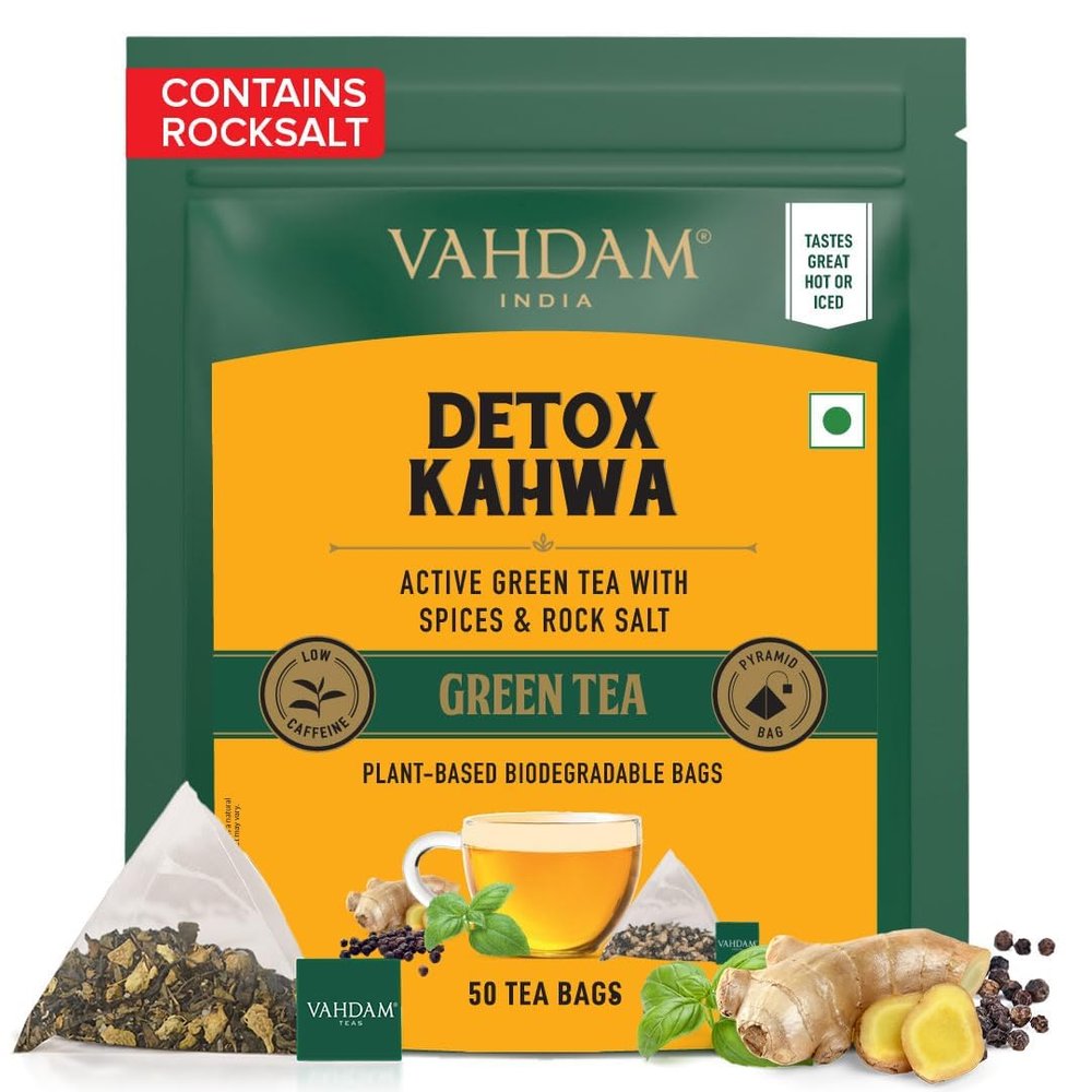 VAHDAM, Detox Kahwa Green Tea - 50 Pyramid Tea Bags | 100% Natural, Desi Kahwa With Green Tea & Spices | Resealable Ziplock Pouch