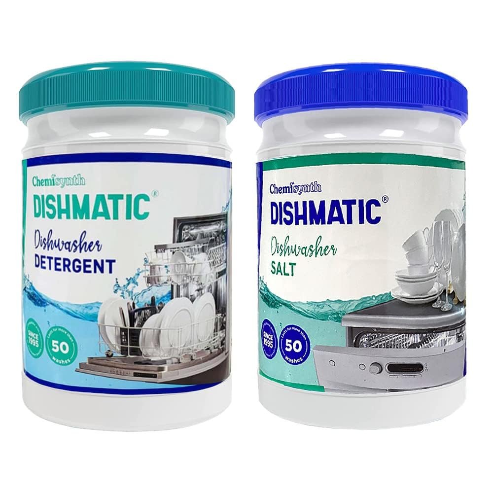 Dishmatic Dishwasher Detergent and Salt (1kg * 1 kg) Dishwashing Powder Combo Pack for Spotless and Sparkling Clean Dishes [Suitable with All Auto Dishwashers]