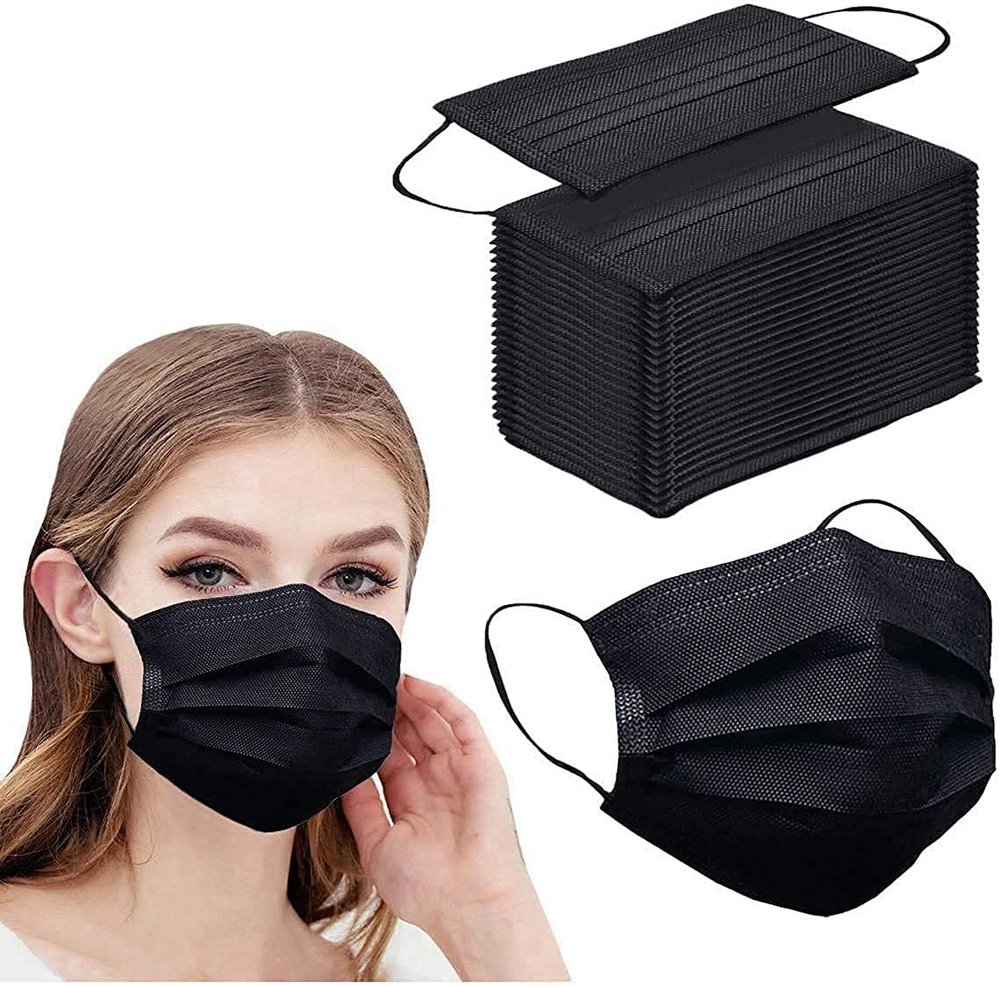 DYNAMO 3 Layer Surgical Mask with Nose Clip 75 GSM Fabric, 3 Ply Surgical Mask with Nose Pin, Use & Throw Masks for Men, Disposable Mask (Black, Without Valve, Pack of 100)