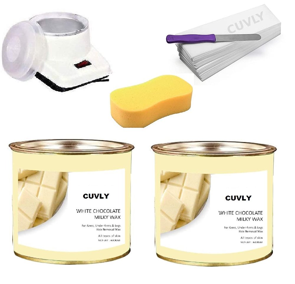 CUVLY Waxing Kit Combo - Wax Heater, White Chocolate Wax (1200 Gm), 70 Strips, Spatula, Sponge | For Women