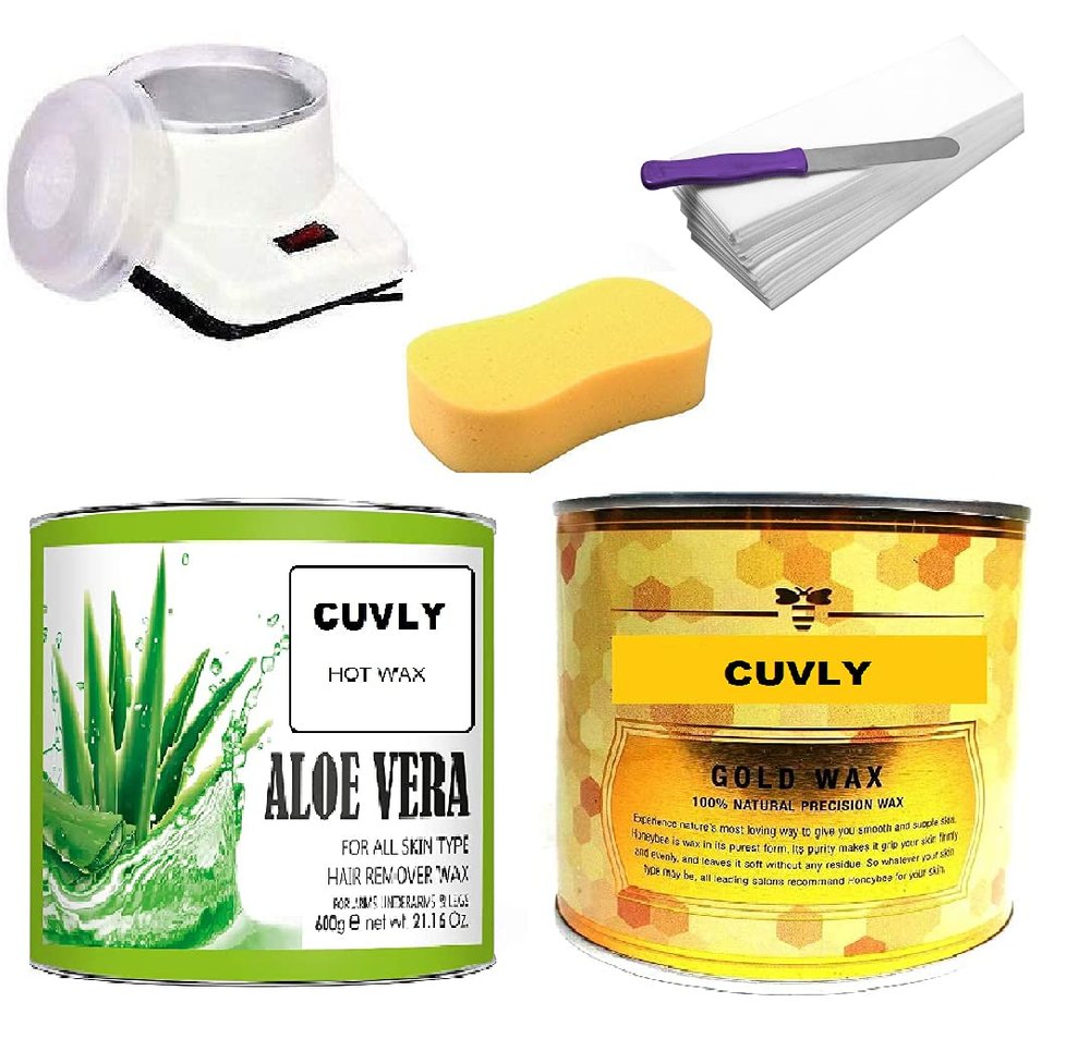 CUVLY Women Waxing Kit Combo - Wax Heater, Aloe Vera and Gold Wax (600 Gm Each), 70 Strips, Spatula, Sponge