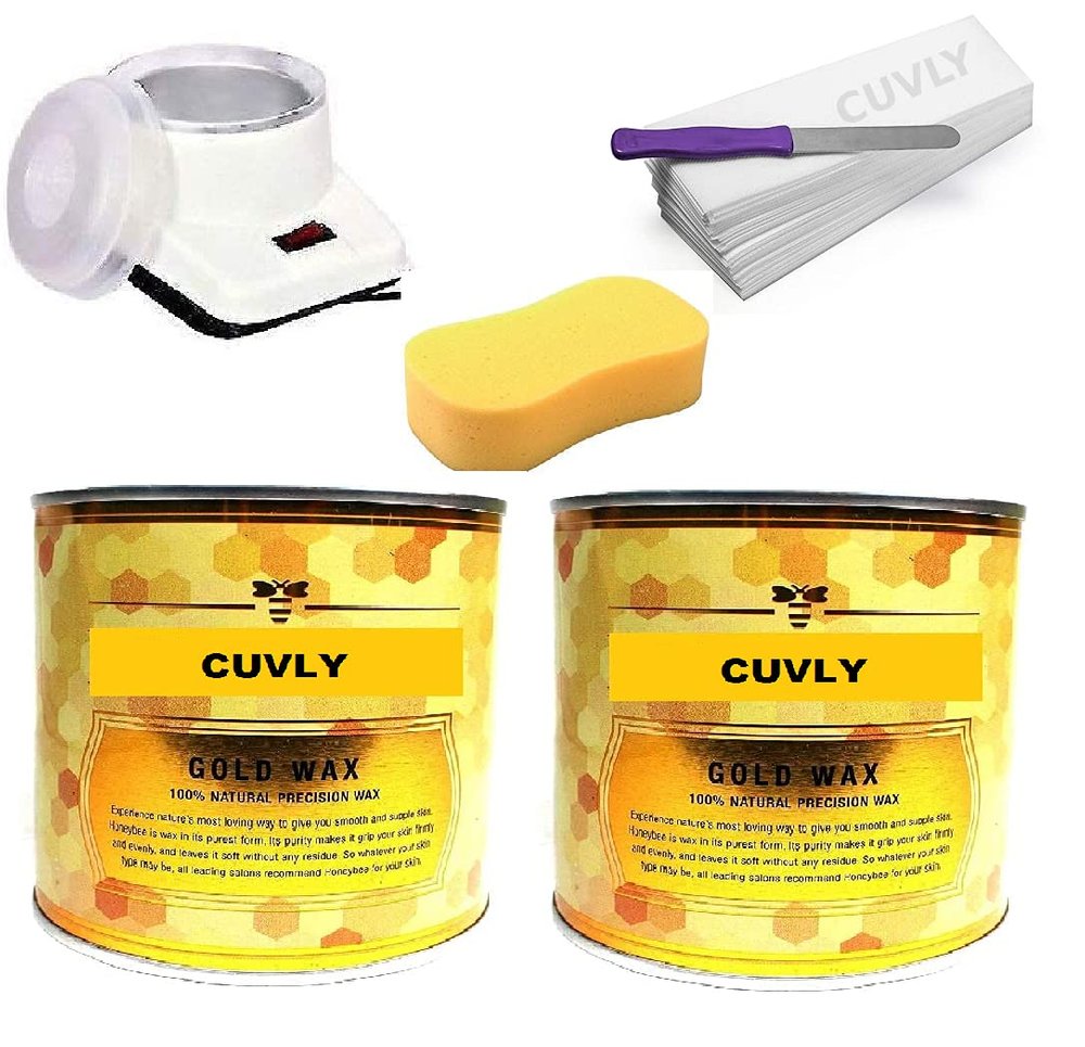 CUVLY Waxing Kit Combo With Wax Heater, Gold Wax (1200 Gm), 70 Strips, Spatula, and Sponge for Women