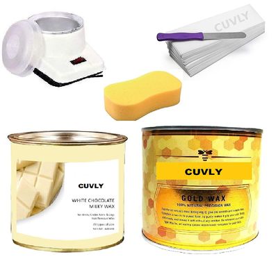 CUVLY Women Waxing Kit | White Chocolate & Gold Wax (600 Gm Each) + Wax Strips (70) + Wax Spatula & Sponge