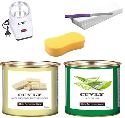 CUVLY Waxing Kit Combo Machine - Heater, White Chocolate & Aloe Vera Wax (600 Gm Each), 70 Strips, Spatula, Sponge - For Women