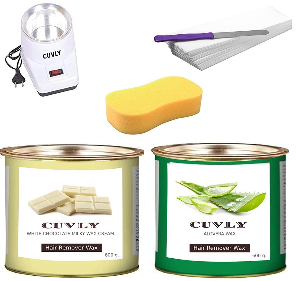 CUVLY Waxing Kit Combo Machine - Heater, White Chocolate & Aloe Vera Wax (600 Gm Each), 70 Strips, Spatula, Sponge - For Women