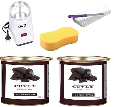 CUVLY Waxing Kit Combo: Chocolate Cram Wax (1200 gm), Wax Machine, Wax Strips (70), Wax Spatula and Sponge (Hair Removal Wax for Women & Men)