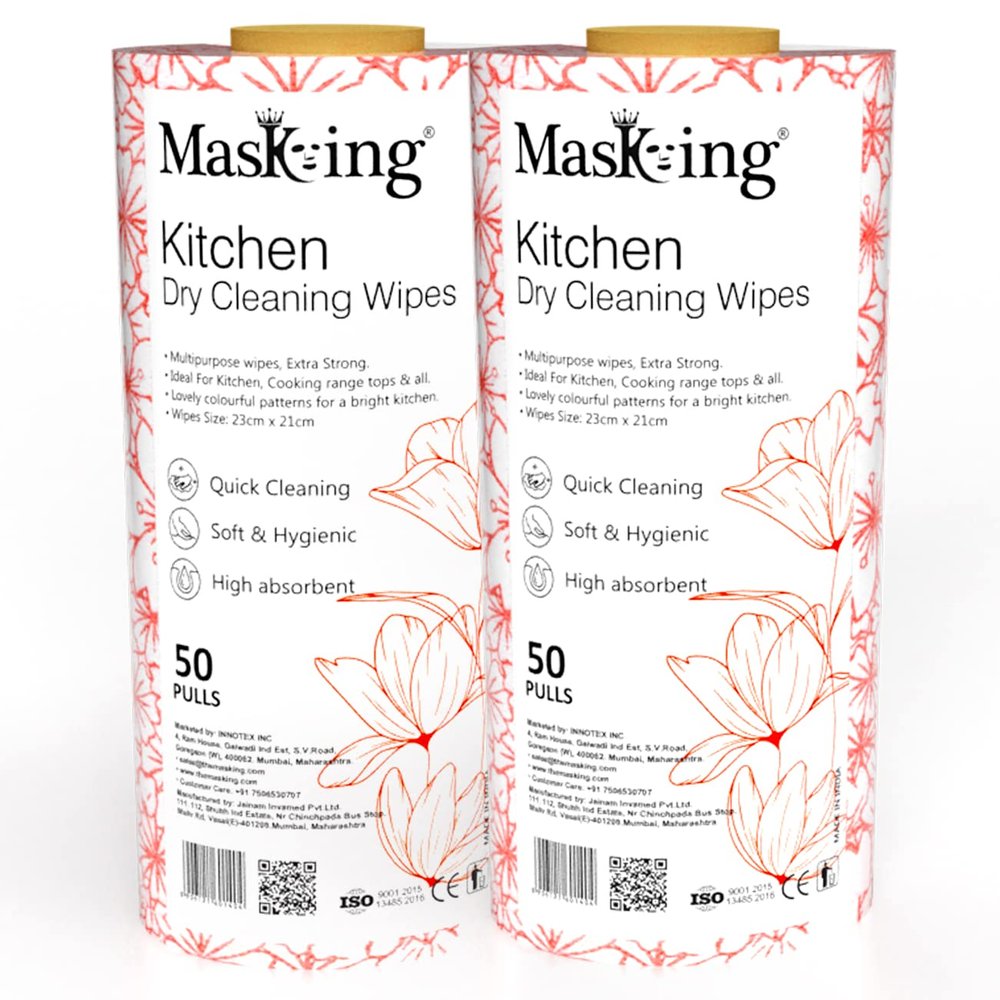 MASKING Kitchen Roll - Dry Tissue, Towel Paper Roll, Cleaning Wipe - 2 Rolls (50 Pulls Per Roll) in Pink
