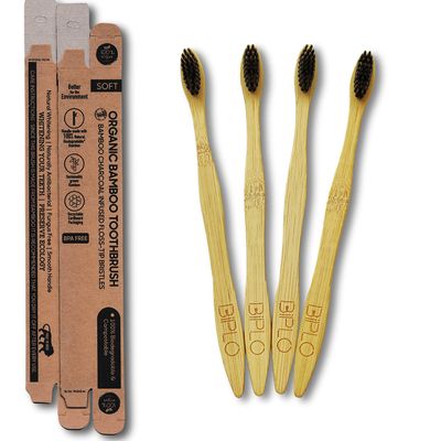Bamboo Toothbrush, Antibacterial and biodegradable with Charcoal Activated Soft Bristles - 1 Pack (Pack of 4 Adult Bamboo Toothbrush)
