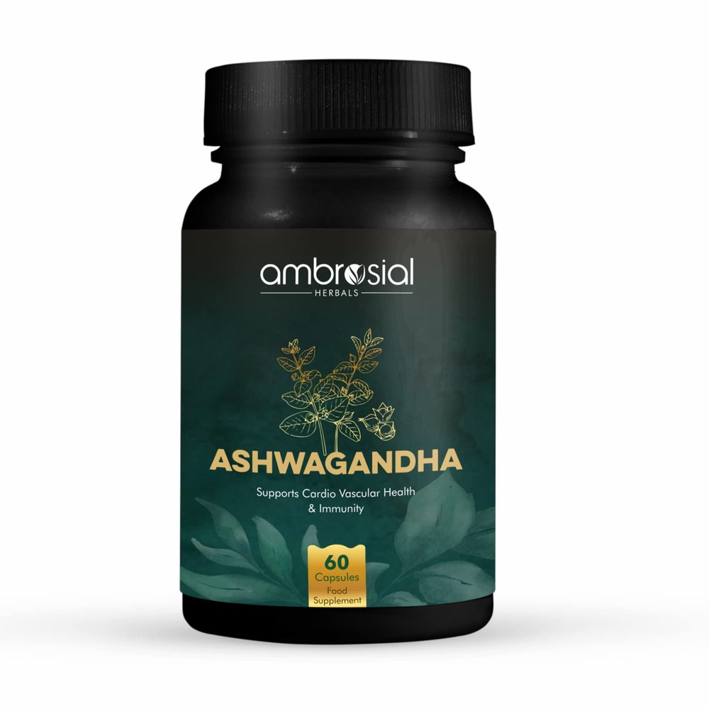 Ambrosial Ashwagandha 500mg | Herbal Supplement | 100% Natural & Vegan | High Strength | Immunity Support (Pack of 1-60 Capsules)