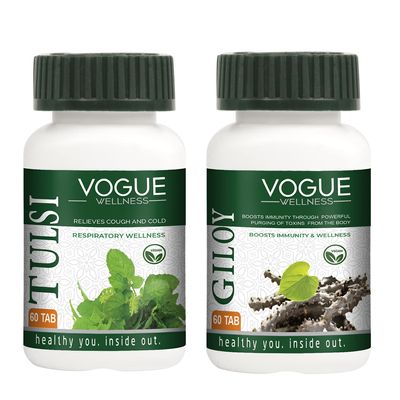 Vogue Wellness Tulsi Tablets with Giloy Tablets | Herbal Supplement for Immunity & Respiratory Wellness | Supports Natural Defense, Detox & Vitality | 120 Tablets (60x2 Pack)