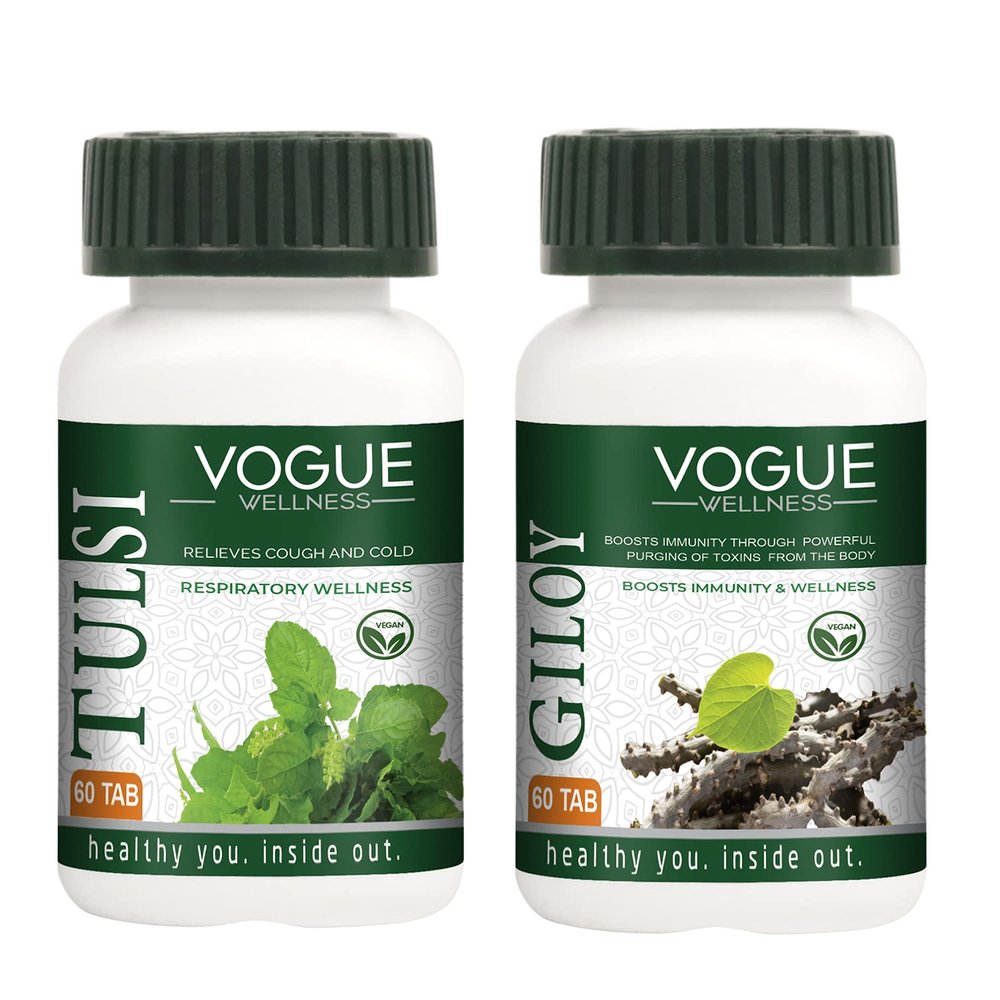 Vogue Wellness Tulsi Tablets with Giloy Tablets | Herbal Supplement for Immunity & Respiratory Wellness | Supports Natural Defense, Detox & Vitality | 120 Tablets (60x2 Pack)