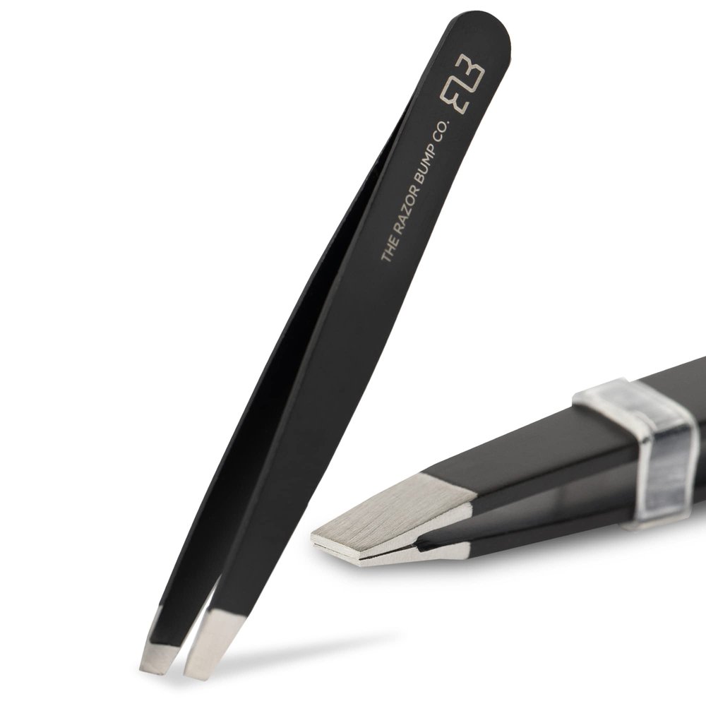 Slant Tweezers By The Razor Bump Co. | Stainless Steel, Surgical | Professional Tweezers For Women and Men | Best Precision Splinter, Facial, Ingrown Hair, Eyelash, and Eyebrow Trimming Tool (Black)