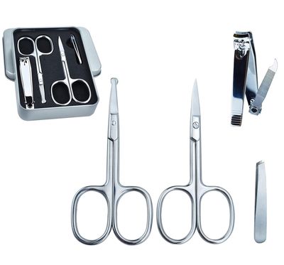 5Pcs Beauty Grooming Eyebrow Scissor Men Women Facial Nose Hair Scissor Curved Round Blunt Mustache Beard Manicure Pedicure Trimmer Set Stainless Steel Slant Tweezers Nail Clipper Pet Dog Scissor Kit