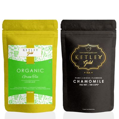Ketley Gold Chamomile Green Tea Combo 200g | Organic Green Tea, 125g + Pure Chamomile Tea, 75g