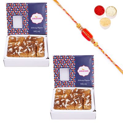 Amaram by Ghasitaram Rakhi Gifts for Brother - Pack of 2 Milk Cake 400 GMS with Beads Rakhi