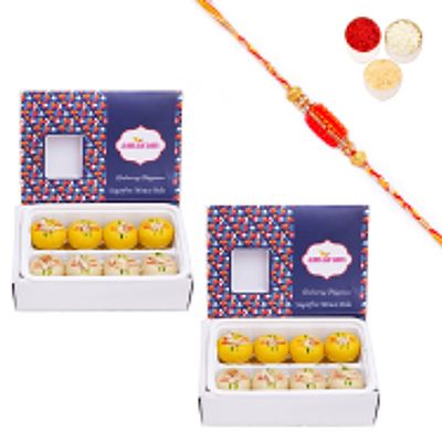Amaram by Ghasitaram Rakhi Gifts for Brother - Pack of 2 Sugarfree Mawa Peda 400 GMS with Beads Rakhi