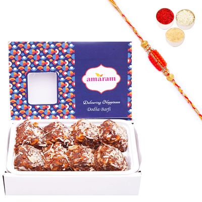Amaram by Ghasitaram Rakhi Gifts for Brother - Dodha Barfi 200 GMS with Beads Rakhi