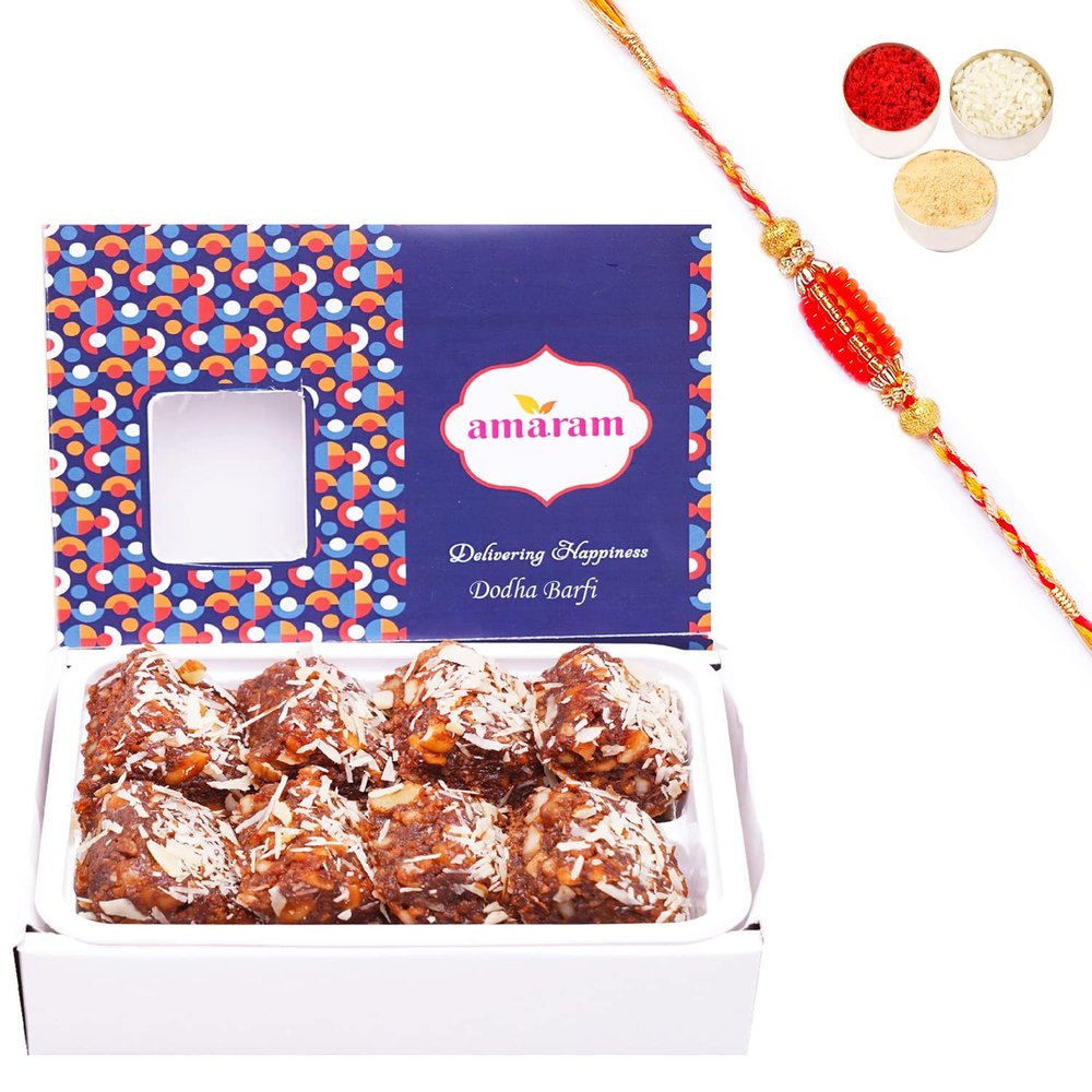 Amaram by Ghasitaram Rakhi Gifts for Brother - Dodha Barfi 200 GMS with Beads Rakhi