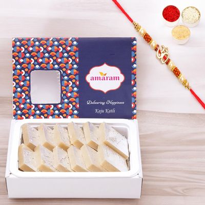 Amaram by Ghasitaram Rakhi Gifts for Brother - Pure Kaju Katli 200 GMS with Beads Rakhi