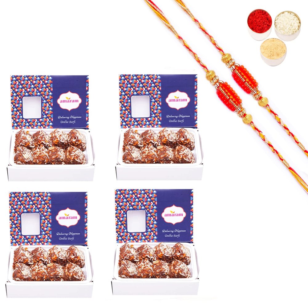 Amaram by Ghasitaram Rakhi Gifts for Brother - Pack of 4 Dodha Barfi 800 with 2 Beads Rakhis