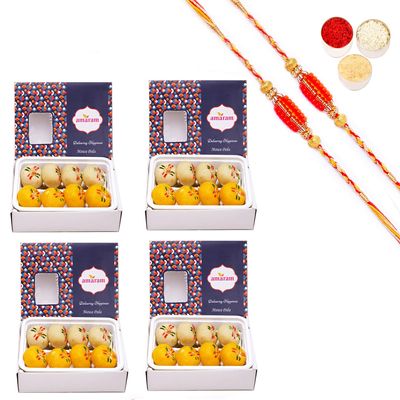 Amaram by Ghasitaram Rakhi Gifts for Brother - Pack of 4 Mawa Peda 800 GMS with 2 Beads Rakhis