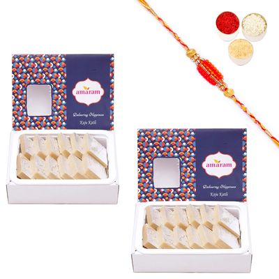 Amaram by Ghasitaram Rakhi Gifts for Brother - Pack of 2 Pure Kaju Katli 400 with Beads Rakhi