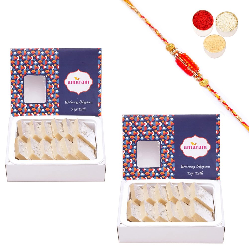 Amaram by Ghasitaram Rakhi Gifts for Brother - Pack of 2 Pure Kaju Katli 400 with Beads Rakhi