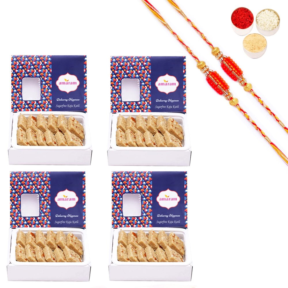Amaram by Ghasitaram Rakhi Gifts for Brother - Pack of 4 Sugarfree Kaju Katli 800 GMS with 2 Beads Rakhis