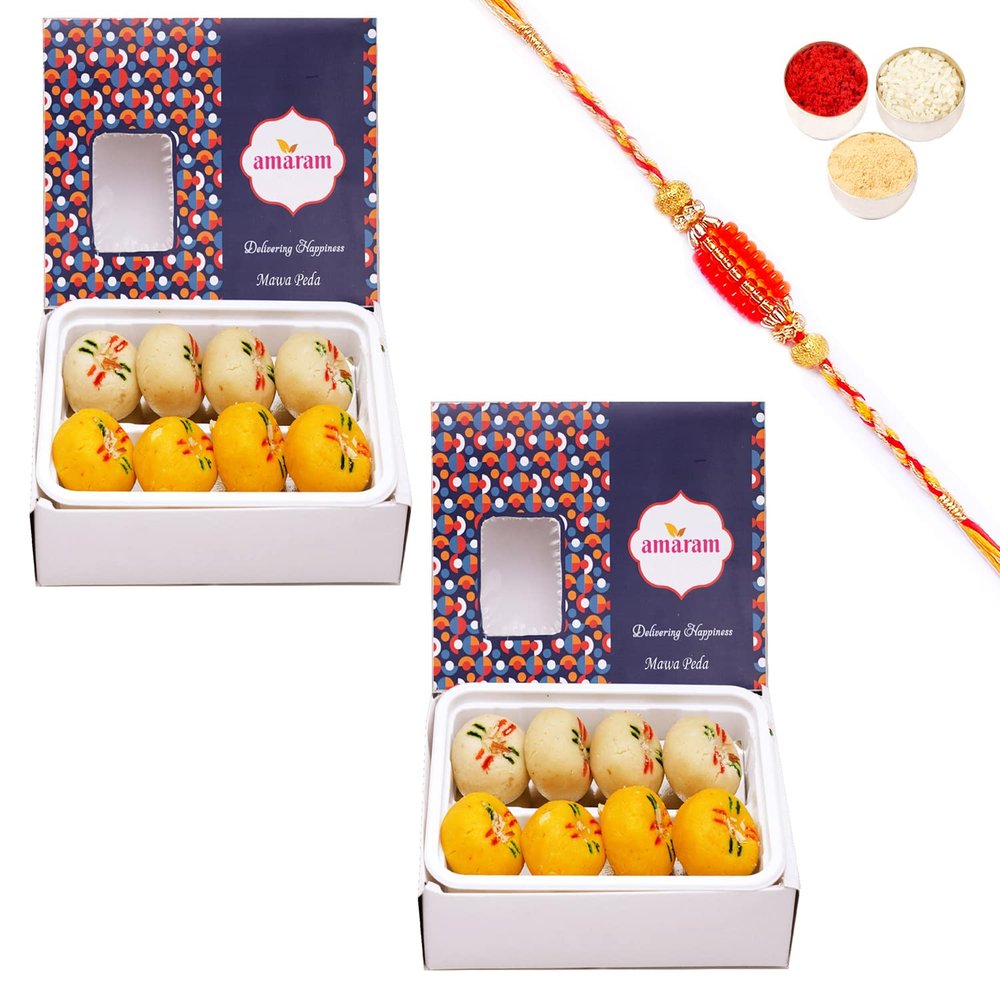 Amaram by Ghasitaram Rakhi Gifts for Brother - Pack of 2 Mawa Peda 400 GMS with Beads Rakhi