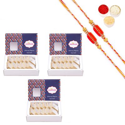 Amaram by Ghasitaram Rakhi Gifts for Brother - Pack of 3 Pure Kaju Katli 600 GMS with 2 Beads Rakhis
