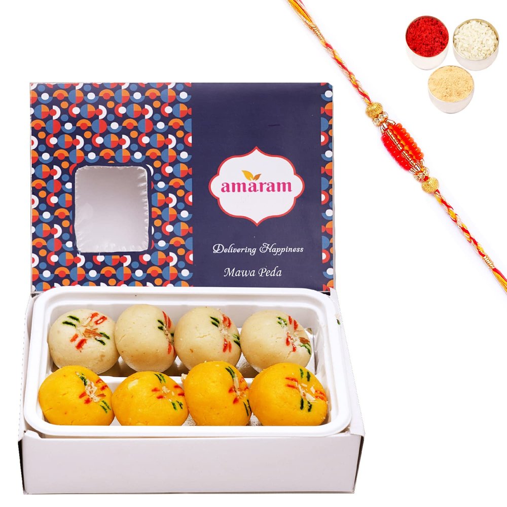 Amaram by Ghasitaram Rakhi Gifts for Brother - Mawa Peda 200 GMS with Beads Rakhi