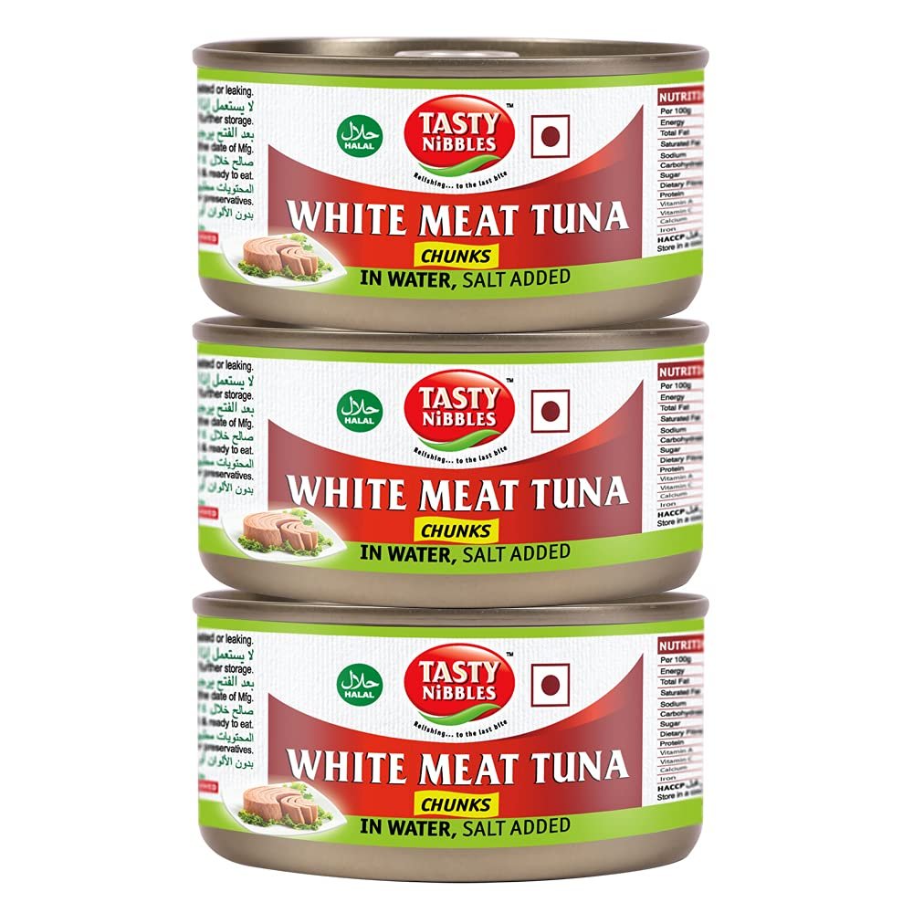 Tasty Nibbles White Meat Tuna Chunks in Water, Salt Added 185g X 3 (Pack of 3, 555g)