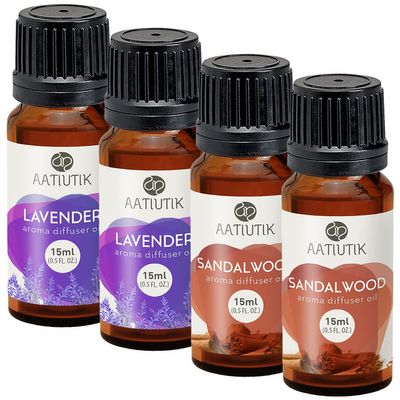 Aatiutik Essential Anti Bacterial Aroma Oil Diffuser for Home Electric and Tlight Diffuser | Home Fragrance | Sandalwood and Lavender Diffuser Oil for Home Office Spa Hotel - Set of 4, 15 ML Each