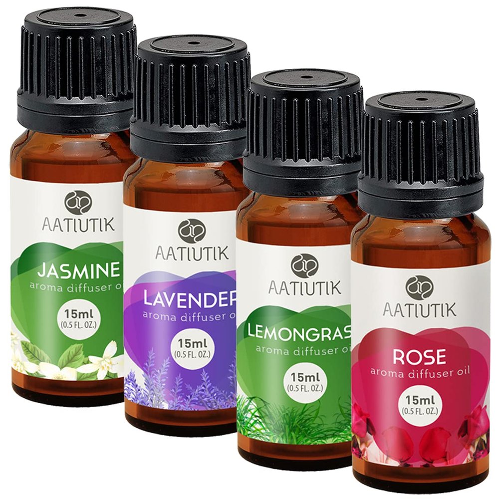 Aatiutik Essential Anti Bacterial Aroma Diffuser Oil for Home | Home Fragrance | Lavender, Lemongrass, Rose, Sandalwood Diffuser Oil for Home Office Hotel - Set of 4, 15 ML Each (Small)