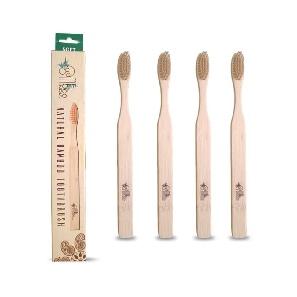 BambooIndia Bamboo Toothbrush Pack of 4 | 2 Kids & 2 Adults | Soft Bristles, BPA-Free, Dual Natural Color Tips | Eco-Friendly Biodegradable Wooden Handle | Natural Oral Care