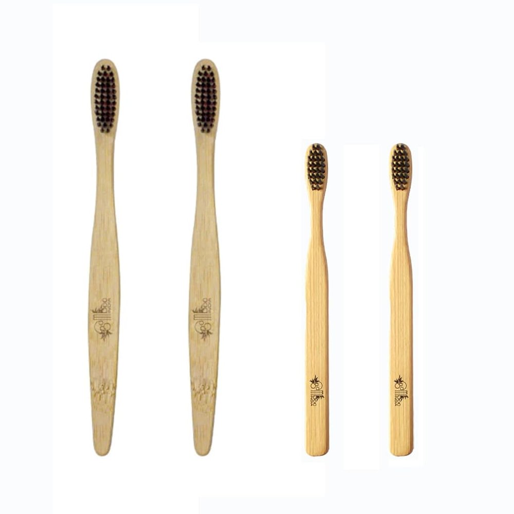 BambooIndia Bamboo Toothbrush Pack of 4 | 2 Kids & 2 Adults | Soft Bristles, BPA-Free, Dual Charcoal Black Tips | Eco-Friendly Biodegradable Wooden Handle | 100% Natural Oral Care