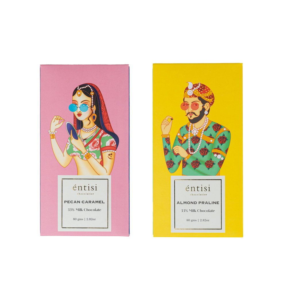 Entisi Pecan Caramel & Almond Praline Chocolate Bar - (80 grams Each, Pack of 2)