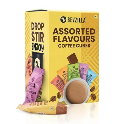 Bevzilla 10 Assorted Instant Coffee Cubes Pack with Date Palm Jaggery, 4 Flavours, Arabica Coffee, Zero Refined Sugar, Real Ingredients, No Preservatives, Drop Stir and Enjoy | Enjoy Hot & Cold