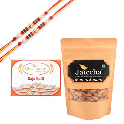 Ghasitaram Gifts Rakhi Gifts/ Rakhi Sweets - Best of 2 Kaju Katlis, and Mamra Almonds with 2 Pearl Beads Rakhis